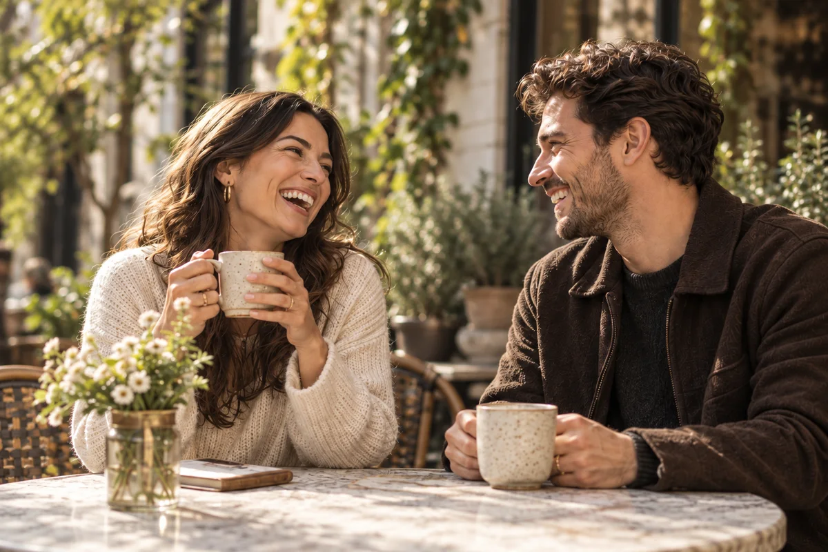 Two adults sharing coffee at an outdoor table